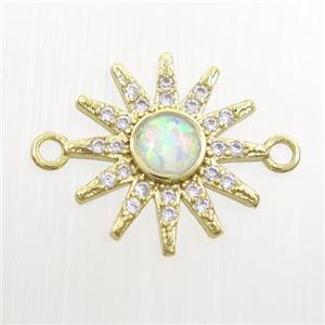 copper sun connector paved zircon with fire opal, gold plated, approx 14mm dia