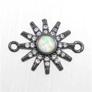 copper sun connector paved zircon with fire opal, black plated, approx 14mm dia