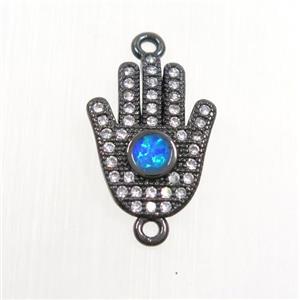 copper hamsahand connector paved zircon with fire opal, black plated, approx 10-14mm
