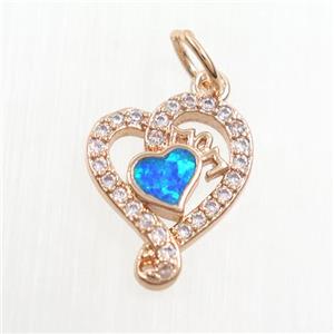 copper heart pendant paved zircon with fire opal, rose gold, approx 11-14mm