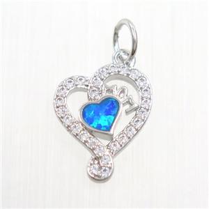 copper heart pendant paved zircon with fire opal, platinum plated, approx 11-14mm