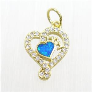 copper heart pendant paved zircon with fire opal, gold plated, approx 11-14mm