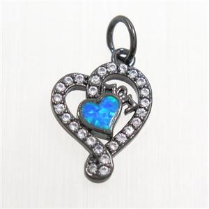copper heart pendant paved zircon with fire opal, black plated, approx 11-14mm