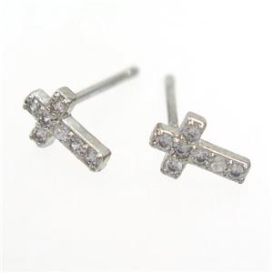 copper cross Earring paved zircon, platinum plated, approx 5-8mm