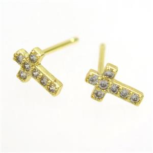 copper cross Earring paved zircon, gold plated, approx 5-8mm