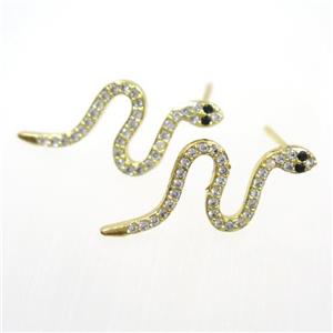 copper snake earring paved zircon, gold plated, approx 11-25mm
