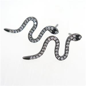 copper snake earring paved zircon, black plated, approx 11-25mm