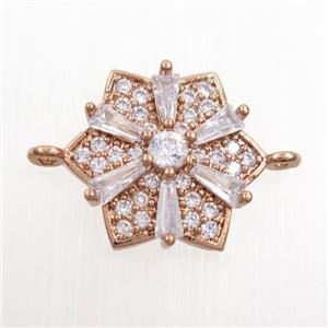 copper flower connector paved zircon, rose gold, approx 15mm dia