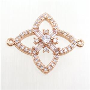 copper clover connector paved zircon, rose gold, approx 24mm dia