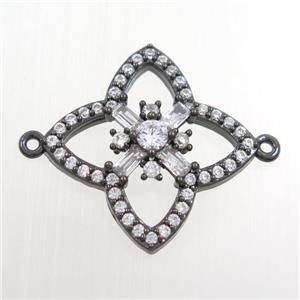 copper clover connector paved zircon, black plated, approx 24mm dia