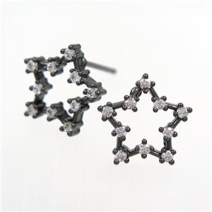 copper star earring paved zircon, black plated, approx 12mm dia