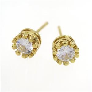 copper earring studs paved zircon, gold plated, approx 7mm dia