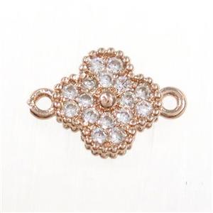 copper clover connector paved zircon, rose gold, approx 7.5mm