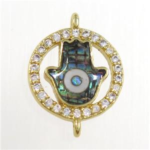 copper hamsahand connector paved zircon with abalone evil eye, gold plated, approx 12.5mm