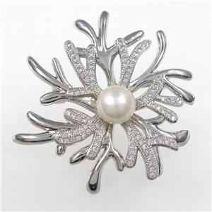 copper brooch paved zircon with pearl, platinum plated, approx 45mm dia