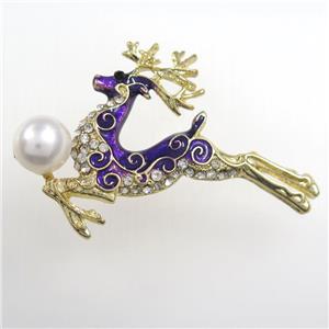 copper christmas Reindeer brooch paved zircon with pearl, gold plated, approx 10mm, 30-53mm