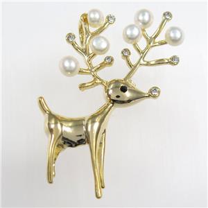 copper christmas Reindeer brooch paved zircon with pearl, gold plated, approx 6mm, 30-65mm