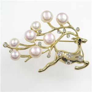 copper christmas Reindeer brooch paved zircon with pearl, gold plated, approx 8mm, 35-53mm