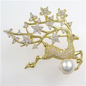 Christmas Reindeer copper brooch paved zircon with pearl, gold plated, approx 10mm, 45-53mm