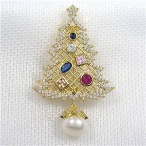 christmas tree copper brooch paved zircon, gold plated, approx 9mm, 30-38mm