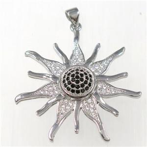 copper sunflower pendants paved zircon, platinum plated, approx 35mm dia