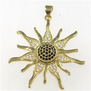 copper sunflower pendants paved zircon, gold plated, approx 35mm dia