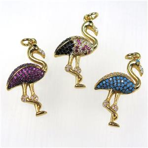 copper crane pendants paved zircon, gold plated, mixed, approx 18-28mm