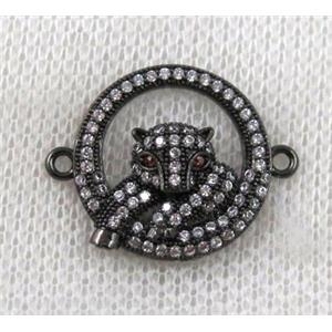 copper leopard head connector paved zircon, black plated, approx 18mm dia
