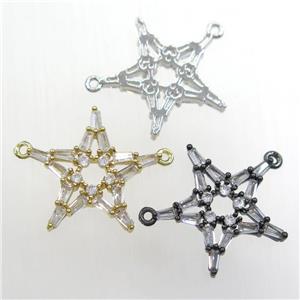 copper star pendant paved zircon with 2loops, mixed color, approx 22mm dia