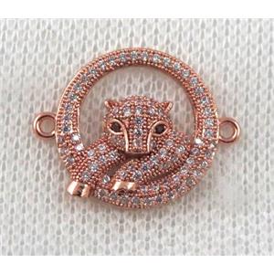 copper leopard head connector paved zircon, rose gold, approx 18mm dia
