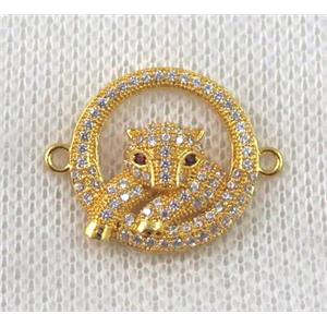 copper leopard head connector paved zircon, gold plated, approx 18mm dia