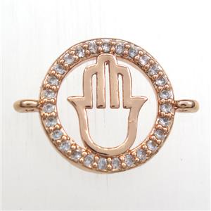 copper hamsahand connector paved zircon, rose gold, approx 14mm dia