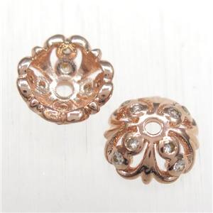 copper beadcaps paved zircon, rose gold, approx 12mm dia