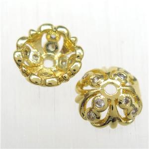 copper beadcaps paved zircon, gold plated, approx 12mm dia