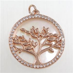 copper circle pendant paved zircon, tree of life, rose gold, approx 21mm dia