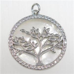 copper circle pendant paved zircon, tree of life, platinum plated, approx 21mm dia