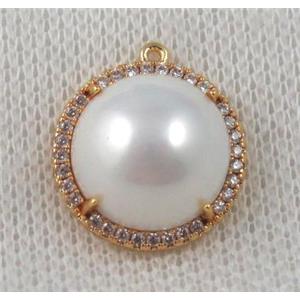 copper pendant paved zircon, pearl, gold plated, approx 18mm dia