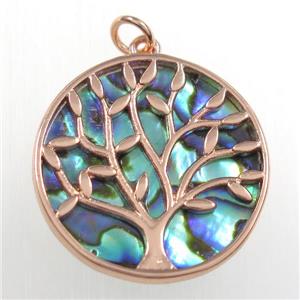 copper circle pendant with abalone shell, tree of life, rose gold, approx 21mm dia