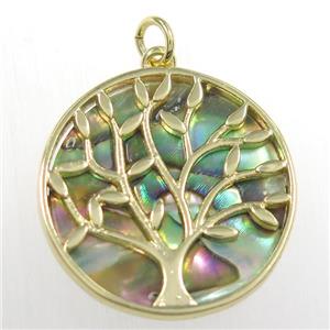 copper circle pendant with abalone shell, tree of life, gold plated, approx 21mm dia