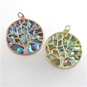 copper circle pendant with abalone shell, tree of life, mix color, approx 21mm dia