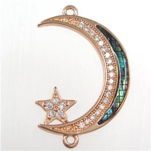 copper connector paved zircon with abalone shell, moon star, rose gold, approx 20-25mm