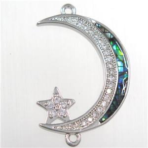 copper connector paved zircon with abalone shell, moon star, platinum plated, approx 20-25mm
