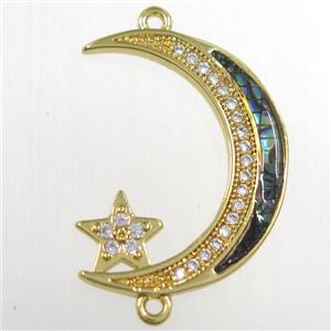 copper connector paved zircon with abalone shell, moon star, gold plated, approx 20-25mm