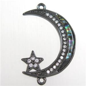 copper connector paved zircon with abalone shell, moon star, black plated, approx 20-25mm