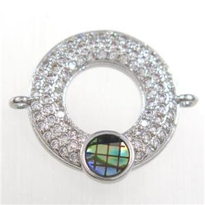 copper donut connector paved zircon with abalone shell, platinum plated, approx 17mm dia