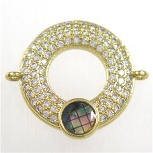 copper donut connector paved zircon with abalone shell, gold plated, approx 17mm dia