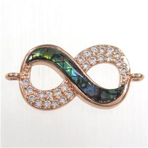 copper infinity connector paved zircon with abalone shell, rose gold, approx 10-18mm