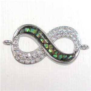 copper infinity connector paved zircon with abalone shell, platinum plated, approx 10-18mm