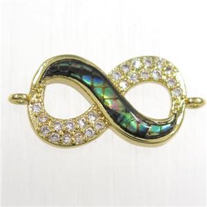 copper infinity connector paved zircon with abalone shell, gold plated, approx 10-18mm