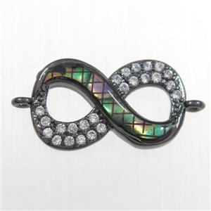 copper infinity connector paved zircon with abalone shell, black plated, approx 10-18mm
